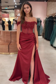Prom Dress 2025 Burgundy Satin Strapless Sheath Long Sleeveless Formal Dress