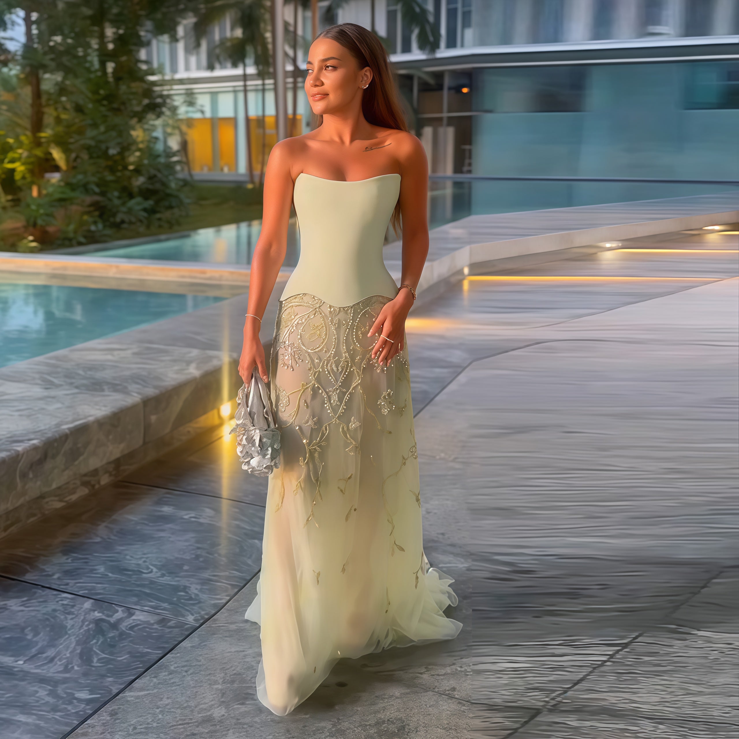 Luxury Sage Green Strapless Evening Dress SS254