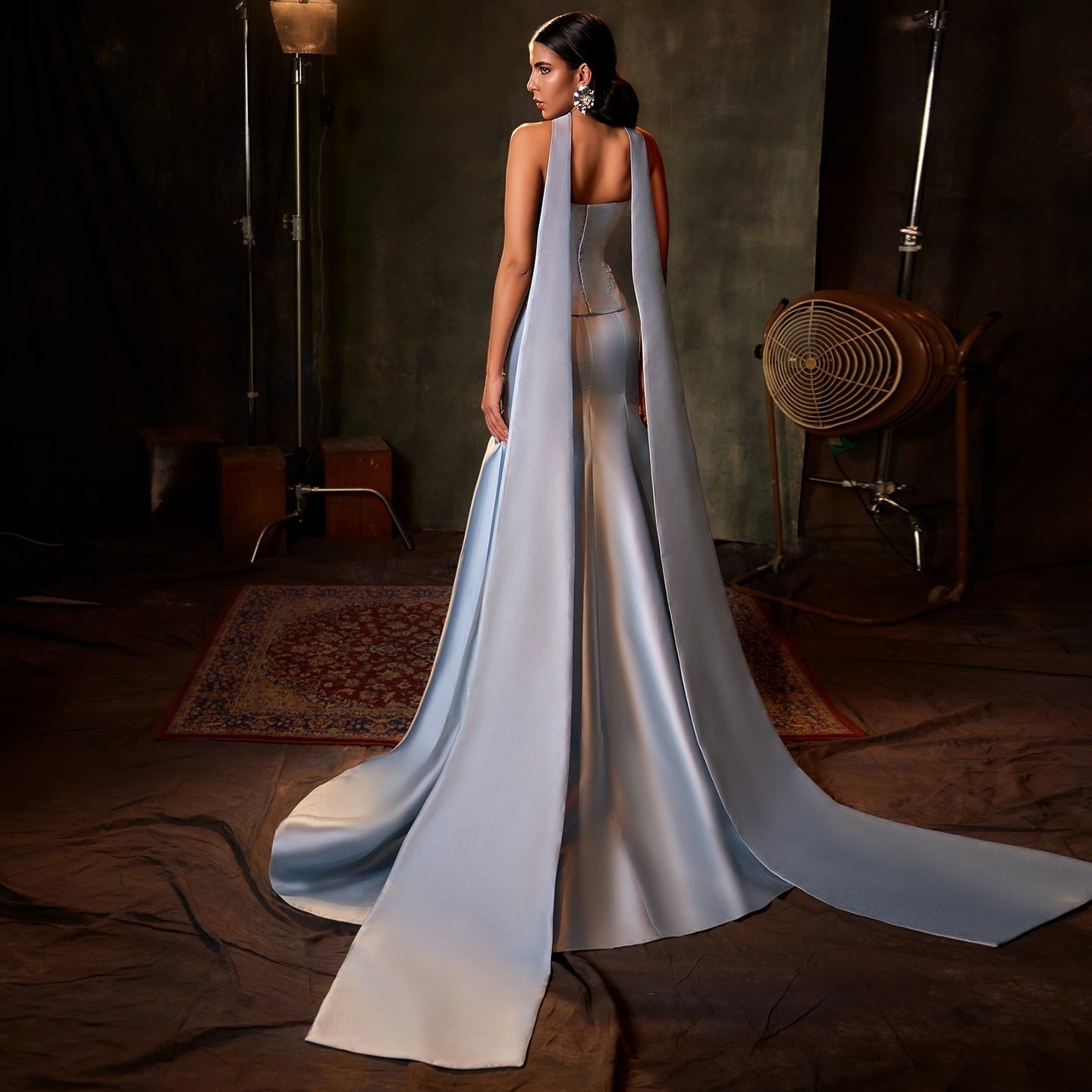 Elegant Blue Satin 3D Flowers Evening Dress with Scarf SS245