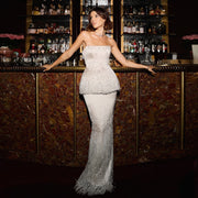 Elegant Beige Beaded Evening Dress with Two Pieces SS425