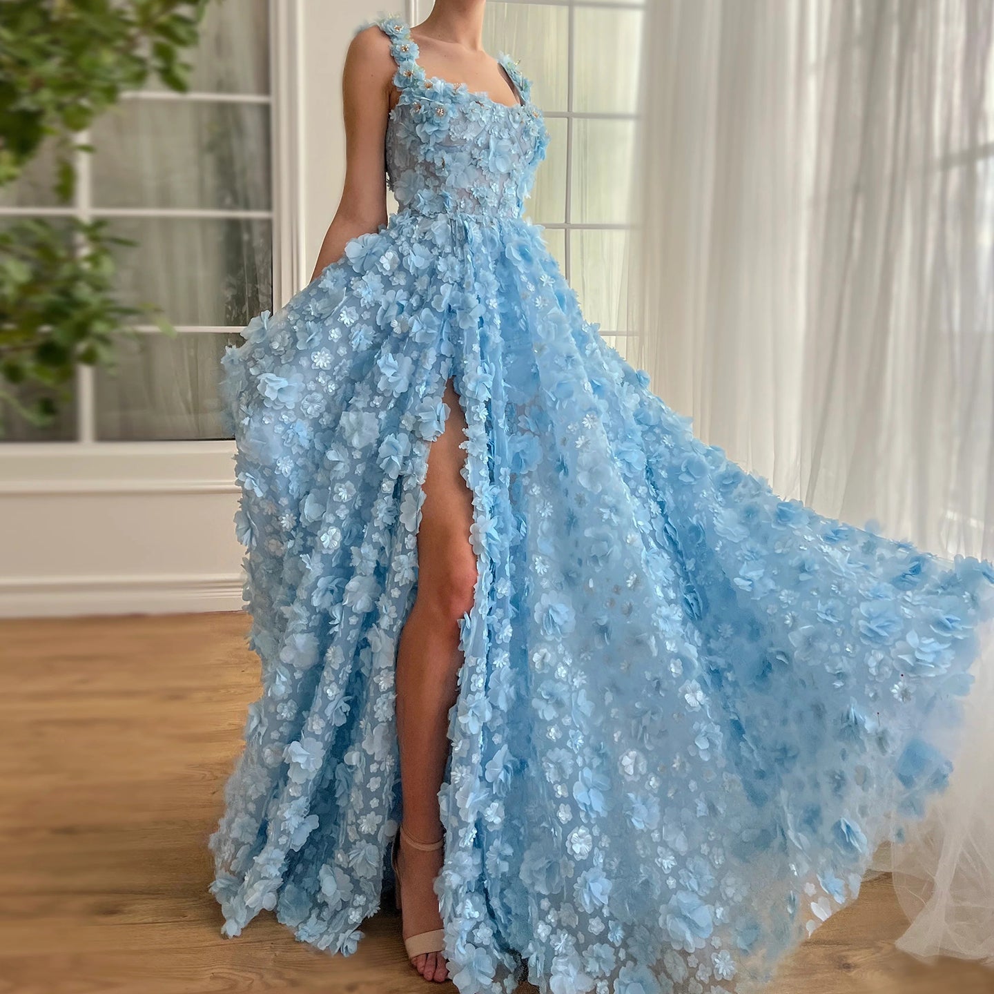 Chic Lilac 3D Embroidered Flowers Slit Evening Dress SS357  Blue / US 20