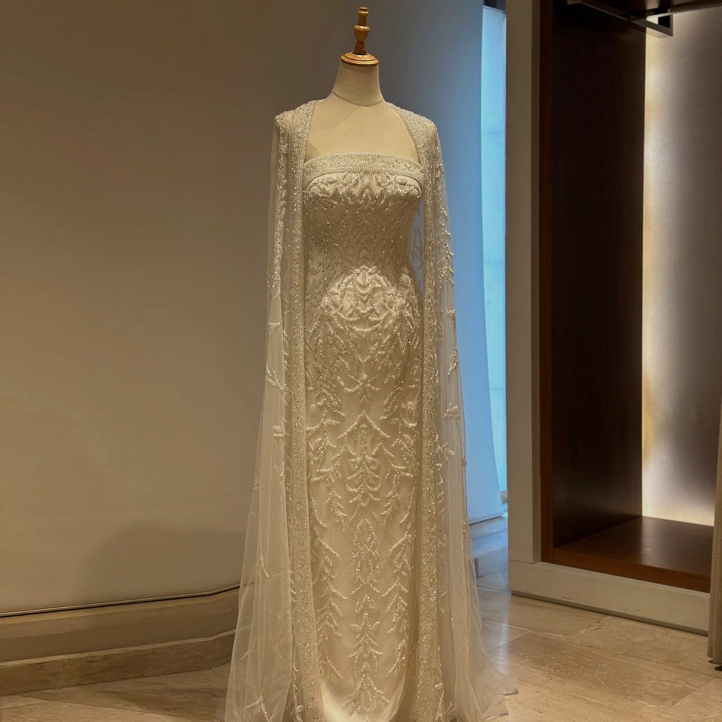 Elegant Pink Beaded Evening Gown with Sheer Cape SS393