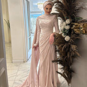 Elegant Pink Mermaid Beaded Evening Dress with cap and ruffles SS412