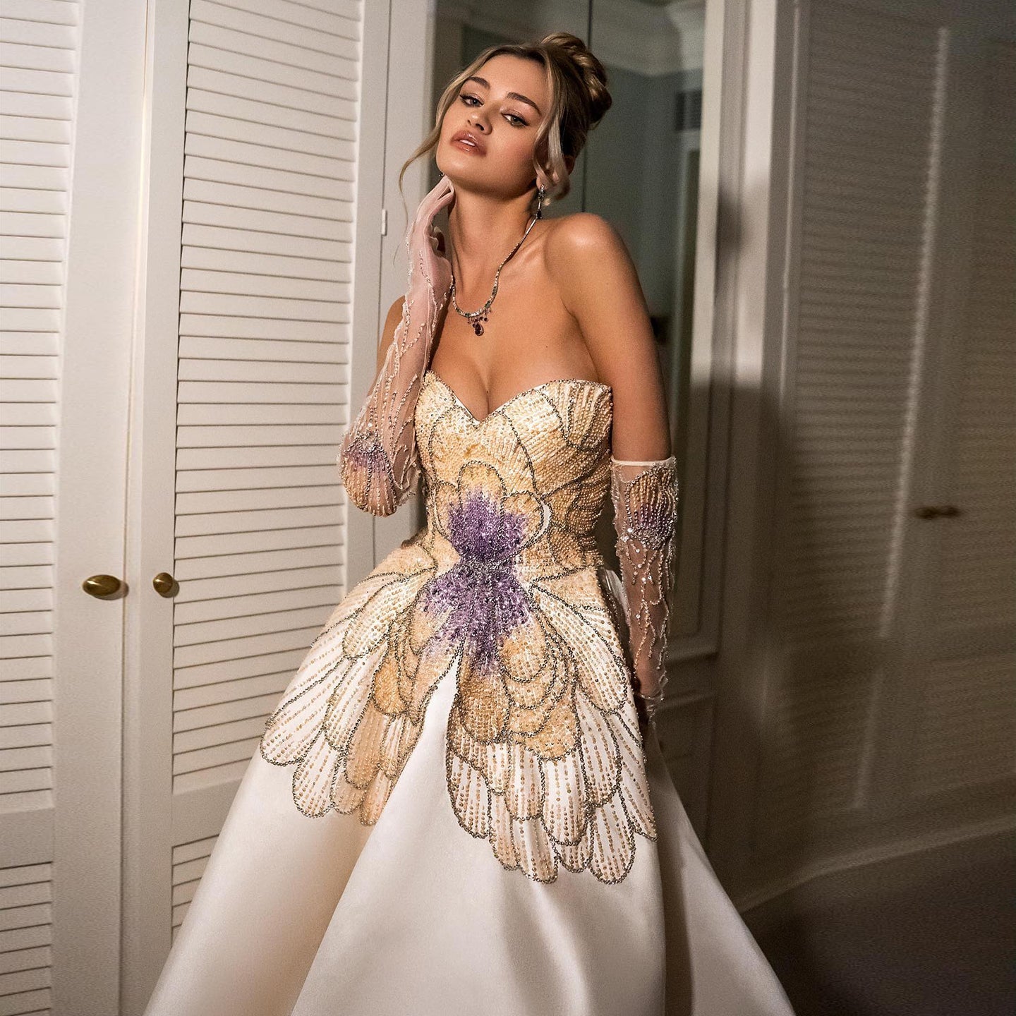 Luxury Beaded Butterfly Beige Strapless Evening Dress SS467