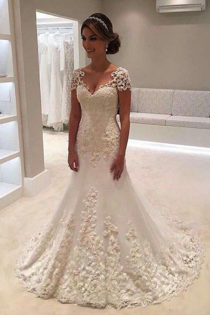 Trumpet/Mermaid Short Sleeves Sweetheart Court Train Lace Wedding Dresses