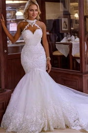 Trumpet/Mermaid Tulle Lace Halter Sleeveless Sweep/Brush Train Wedding Dresses-0