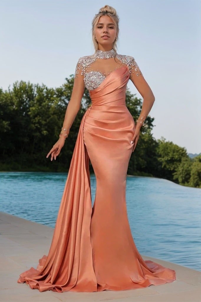 Trumpet/Mermaid Crew Neck Long Sleeve Silk Long Prom Dresses Purple Ball Gowns-785