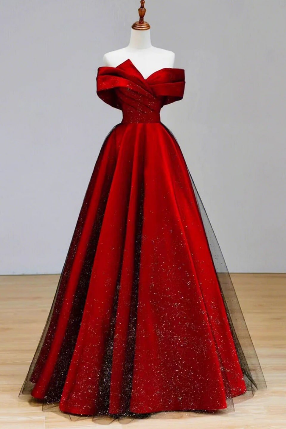 A-Line/Princess Satin and Black Tulle Long Formal Prom Dress Off the Shoulder Ball Gown