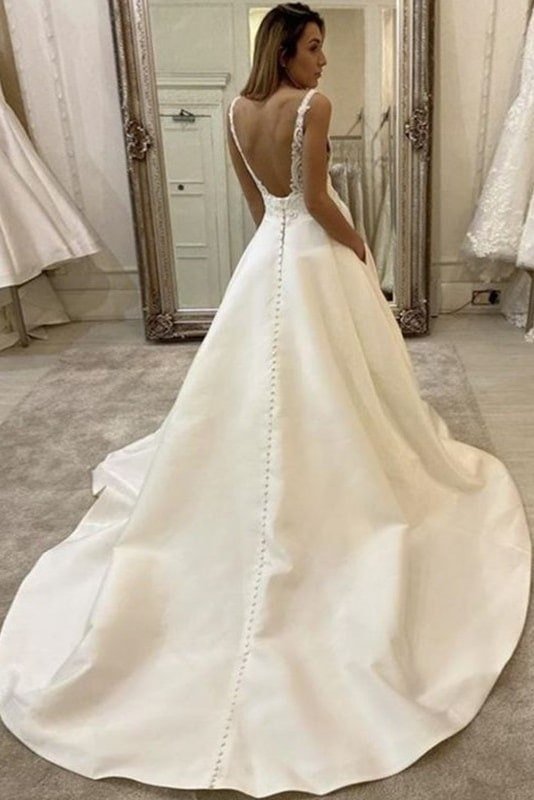 A-Line/Princess Satin Lace V-neck Sleeveless Chapel Train Wedding Dresses-718