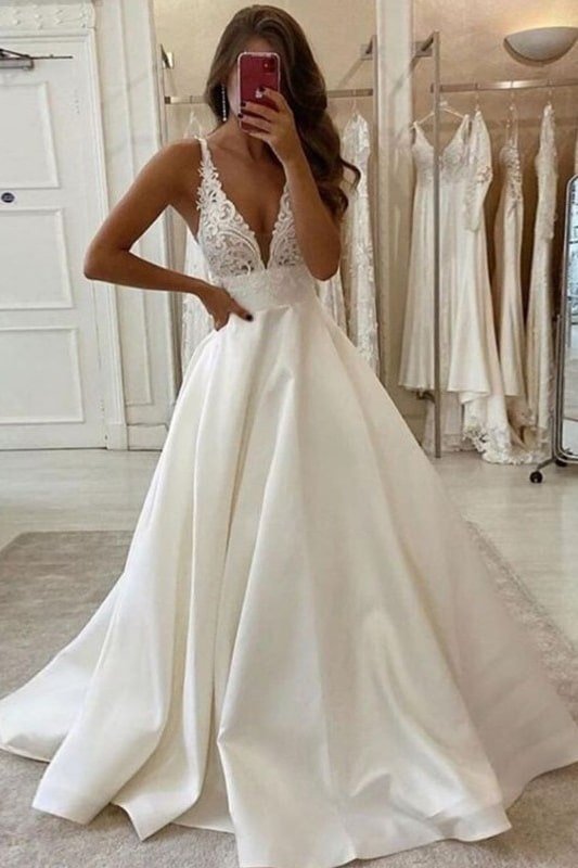 A-Line/Princess Satin Lace V-neck Sleeveless Chapel Train Wedding Dresses-0
