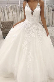 A-Line/Princess Tulle Applique V-neck Sleeveless Sweep/Brush Train Wedding Dresses-0