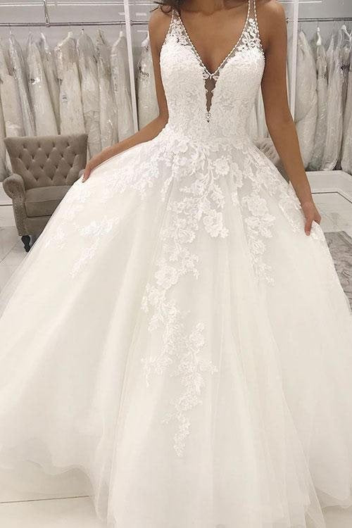 A-Line/Princess Tulle Applique V-neck Sleeveless Sweep/Brush Train Wedding Dresses-0