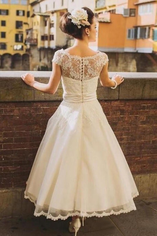 A-Line/Princess Tulle Lace Scoop Short Sleeves Tea-Length Wedding Dresses-726