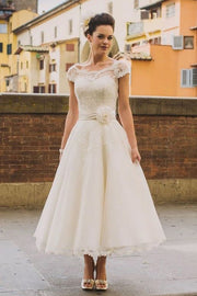 A-Line/Princess Tulle Lace Scoop Short Sleeves Tea-Length Wedding Dresses-0