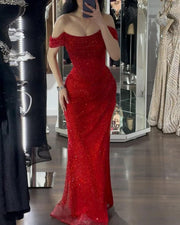 Elegant Red Off Shoulder Evening Dress with Side Slit SF163  Red / US 16