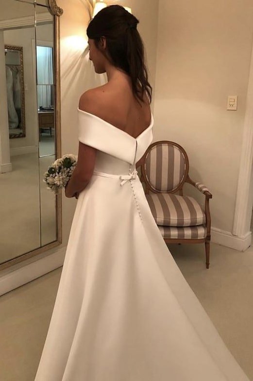 A-line/Princess Off-the-Shoulder Sleeveless Court Train Satin Wedding Dress With Bowknot Waistband-731