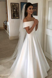 A-line/Princess Off-the-Shoulder Sleeveless Court Train Satin Wedding Dress With Bowknot Waistband-0