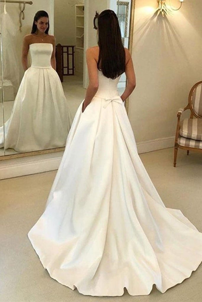 A-line Strapless Court Train Satin Wedding Dress With Waistband Pockets-733