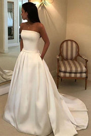 A-line Strapless Court Train Satin Wedding Dress With Waistband Pockets-0