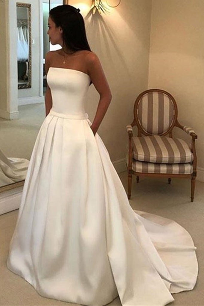 A-line Strapless Court Train Satin Wedding Dress With Waistband Pockets-0