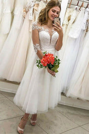 A-line Illusion Neck Half Sleeve Tea-Length Tulle Wedding Dress With Lace Waistband-0
