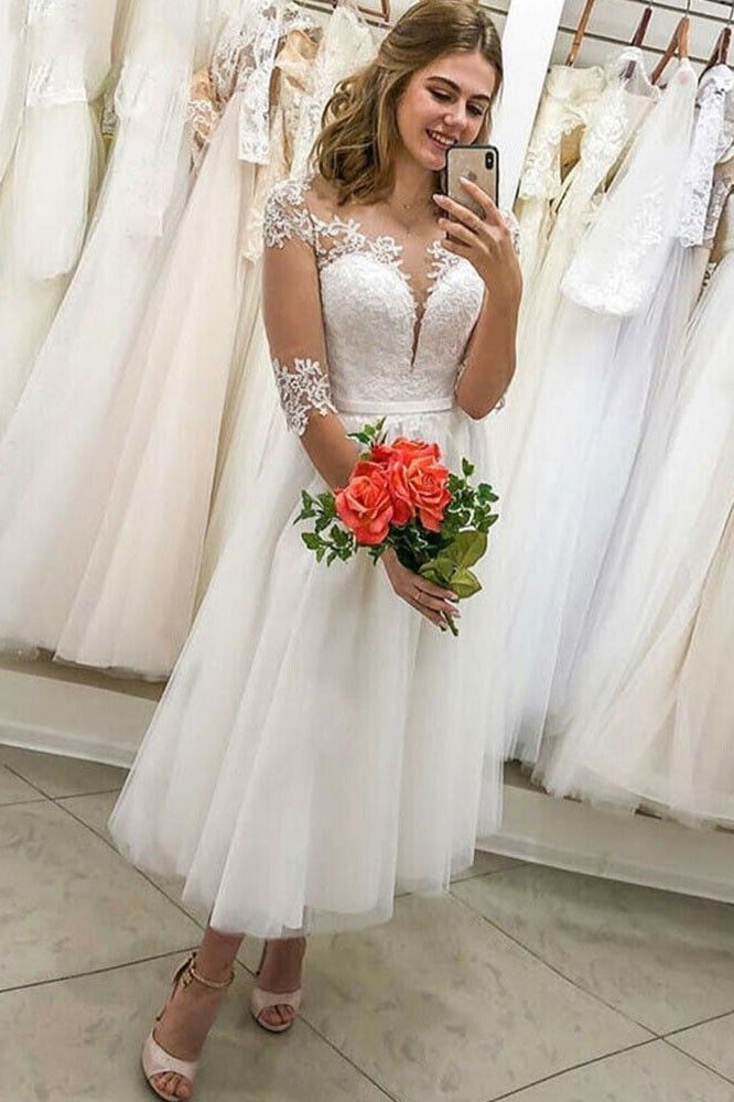 A-line Illusion Neck Half Sleeve Tea-Length Tulle Wedding Dress With Lace Waistband-0