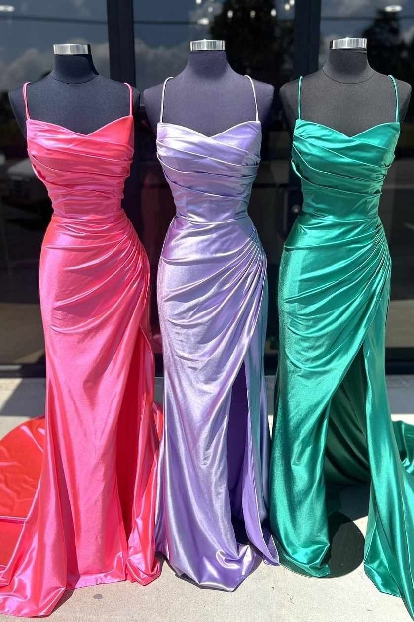 Sheath/Column Elastic Woven Satin Ruched Spaghetti Straps Sleeveless Sweep/Brush Train Prom Dresses-775