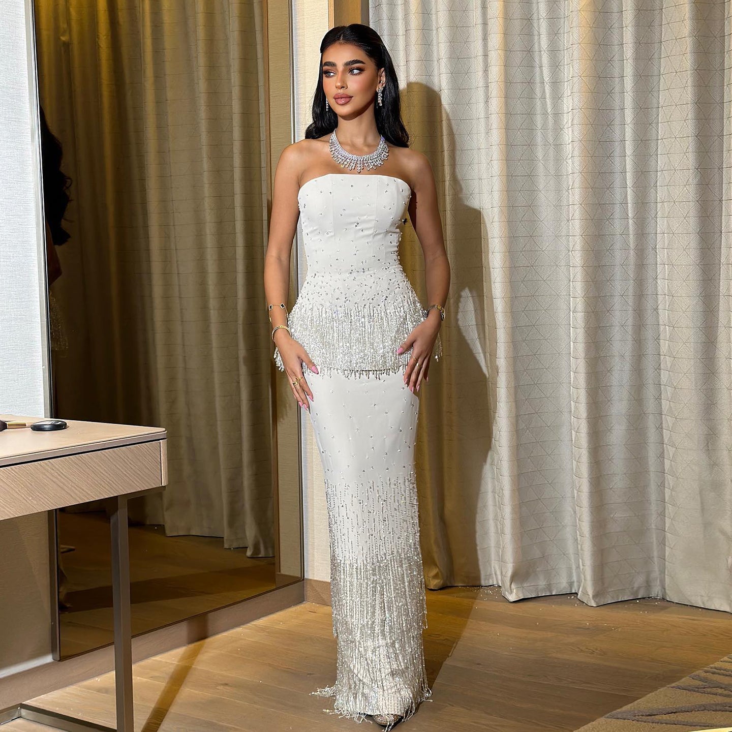 Elegant Beige Beaded Evening Dress with Two Pieces SS425