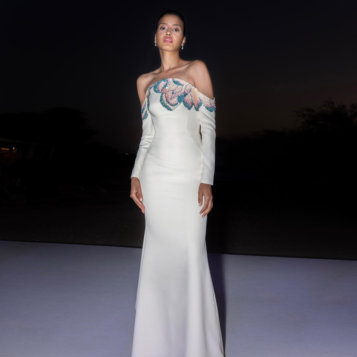 Elegant Beaded Off Shoulder White Evening Dress SS512