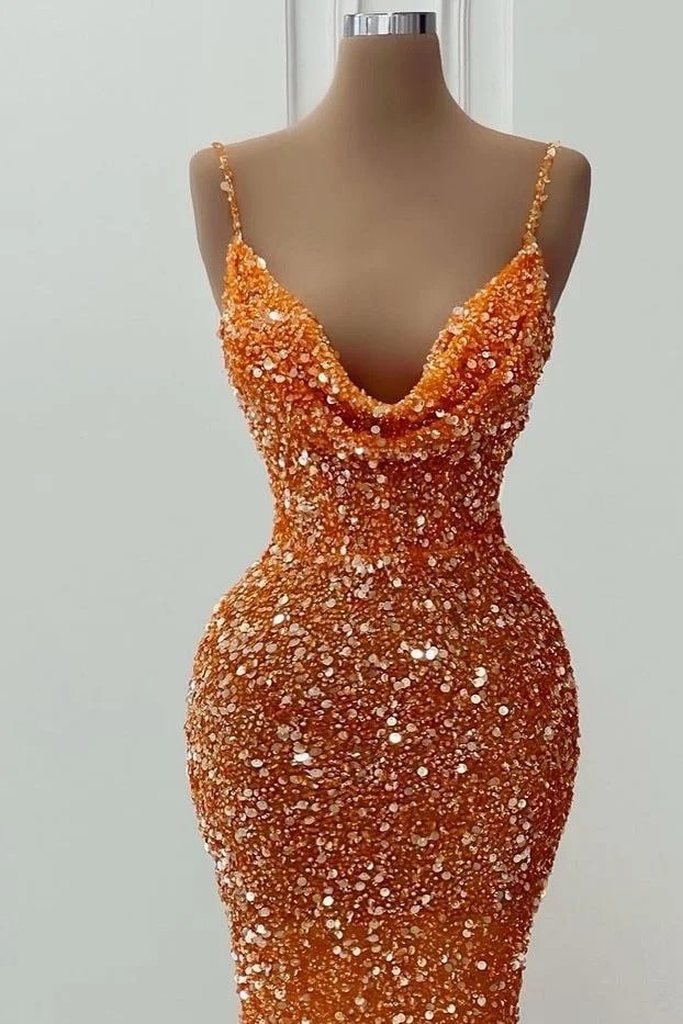 Trumpet/Mermaid Halter Sleeveless Velvet Sequins Long Prom Dresses Orange Ball Gowns-786