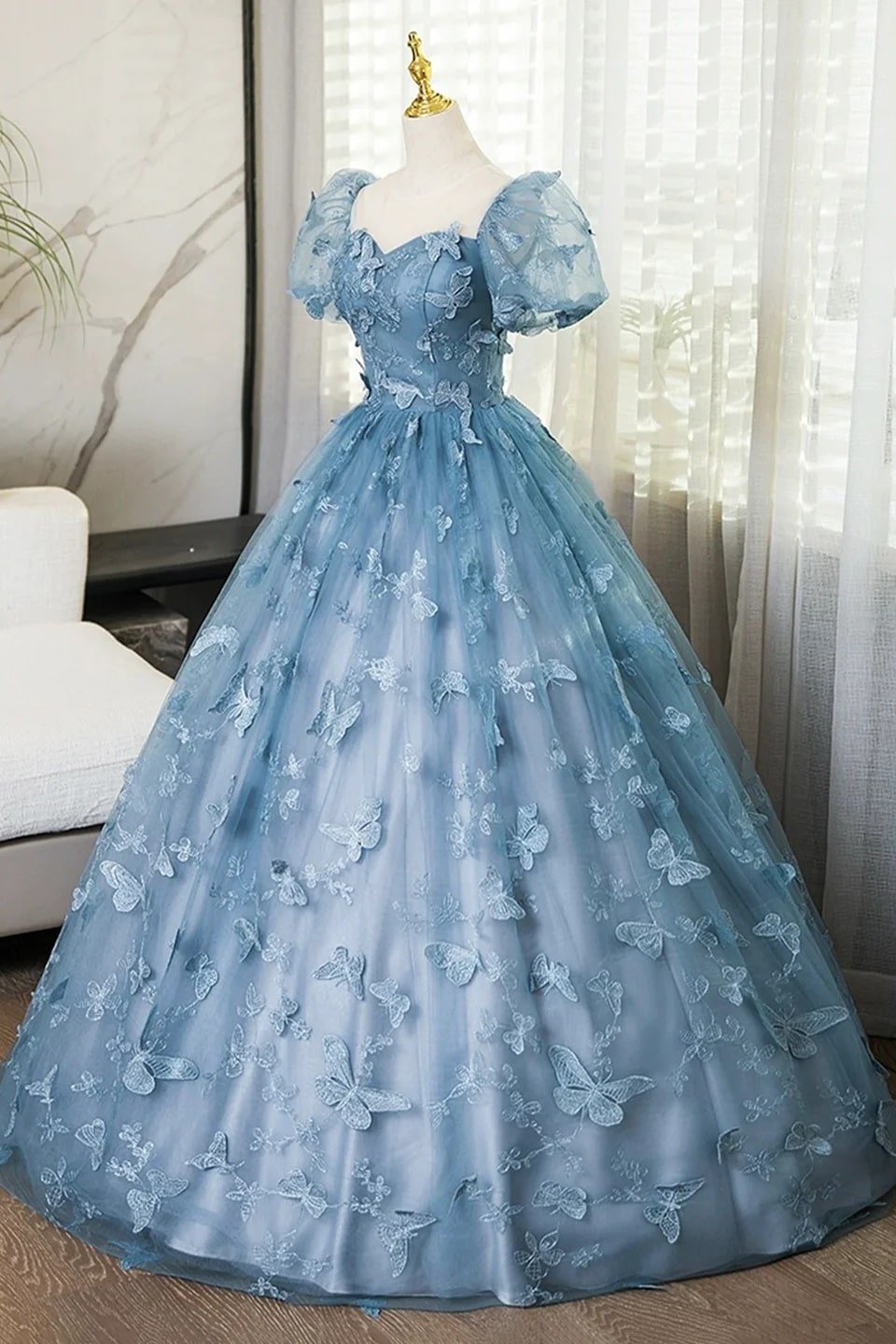 A-Line/Princess Blue Lace Butterfly Long Prom Dress Elegant Short Sleeve Evening Formal Dress