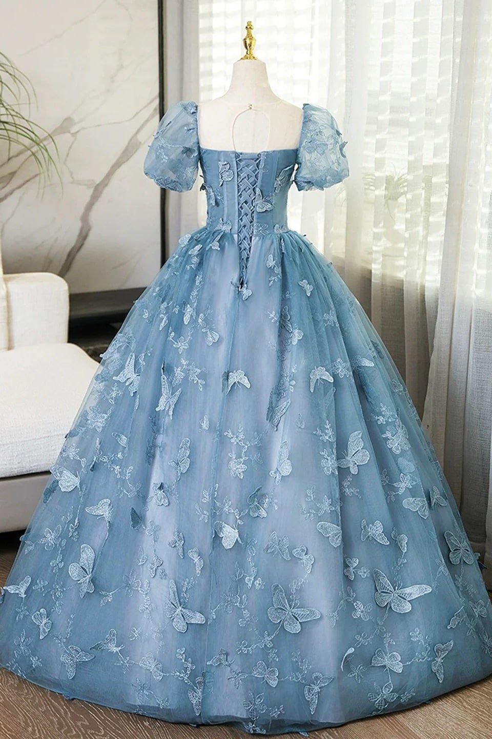 A-Line/Princess Blue Lace Butterfly Long Prom Dress Elegant Short Sleeve Evening Formal Dress
