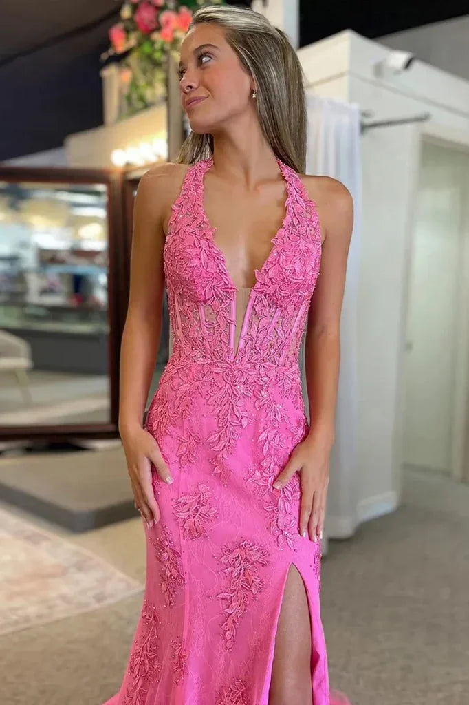 Trumpet/Mermaid V-Neck Tulle Lace Sleeveless Long Prom Dress-898