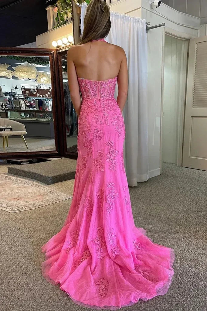 Trumpet/Mermaid V-Neck Tulle Lace Sleeveless Long Prom Dress-899