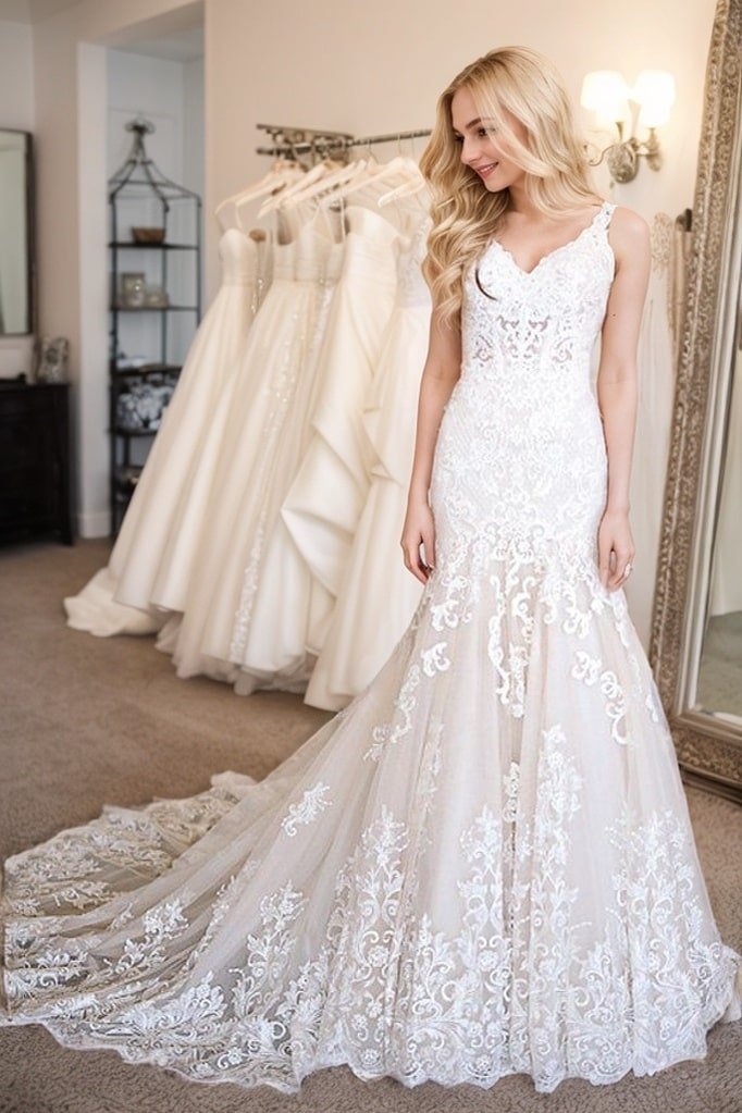 Trumpet/Mermaid Tulle Applique V-neck Sleeveless Chapel Train Wedding Dresses-0