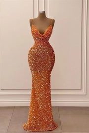 Trumpet/Mermaid Halter Sleeveless Velvet Sequins Long Prom Dresses Orange Ball Gowns-0