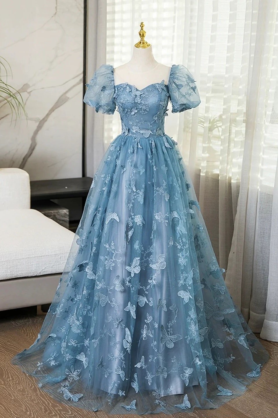 A-Line/Princess Blue Lace Butterfly Long Prom Dress Elegant Short Sleeve Evening Formal Dress