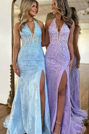 Trumpet/Mermaid V-Neck Tulle Lace Sleeveless Long Prom Dress-0