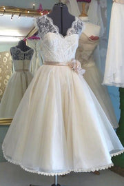 A-line/Princess V Neck Sleeveless Tea-Length Tulle Wedding Dress With Lace Flowers-0
