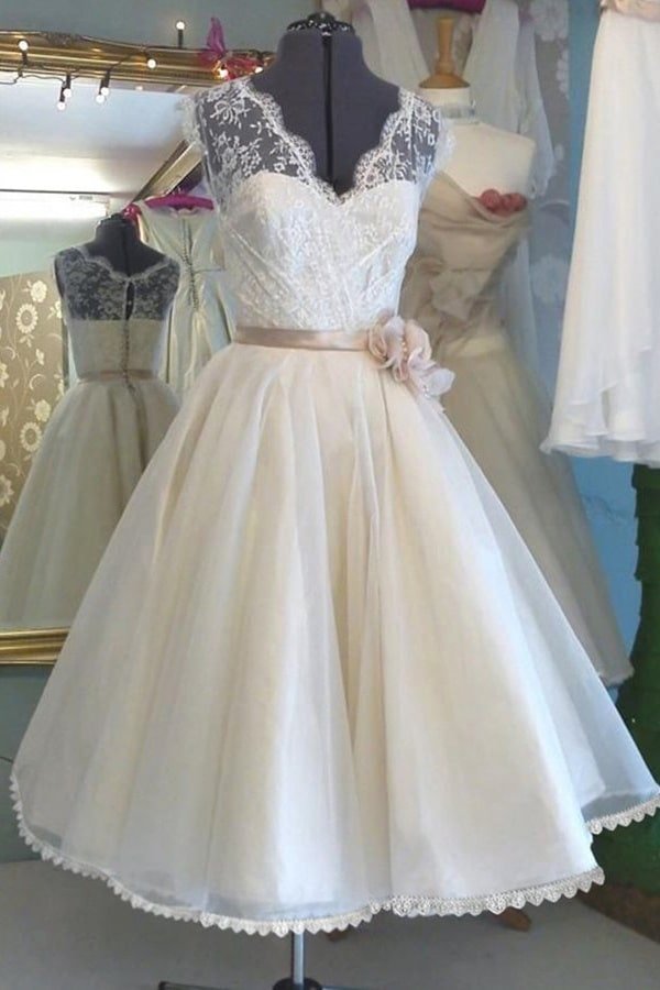 A-line/Princess V Neck Sleeveless Tea-Length Tulle Wedding Dress With Lace Flowers-0