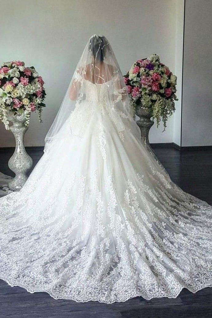 Ball Gown Off-the-Shoulder Sleeveless Sweep/Brush Train Lace Tulle Wedding Dresses-722