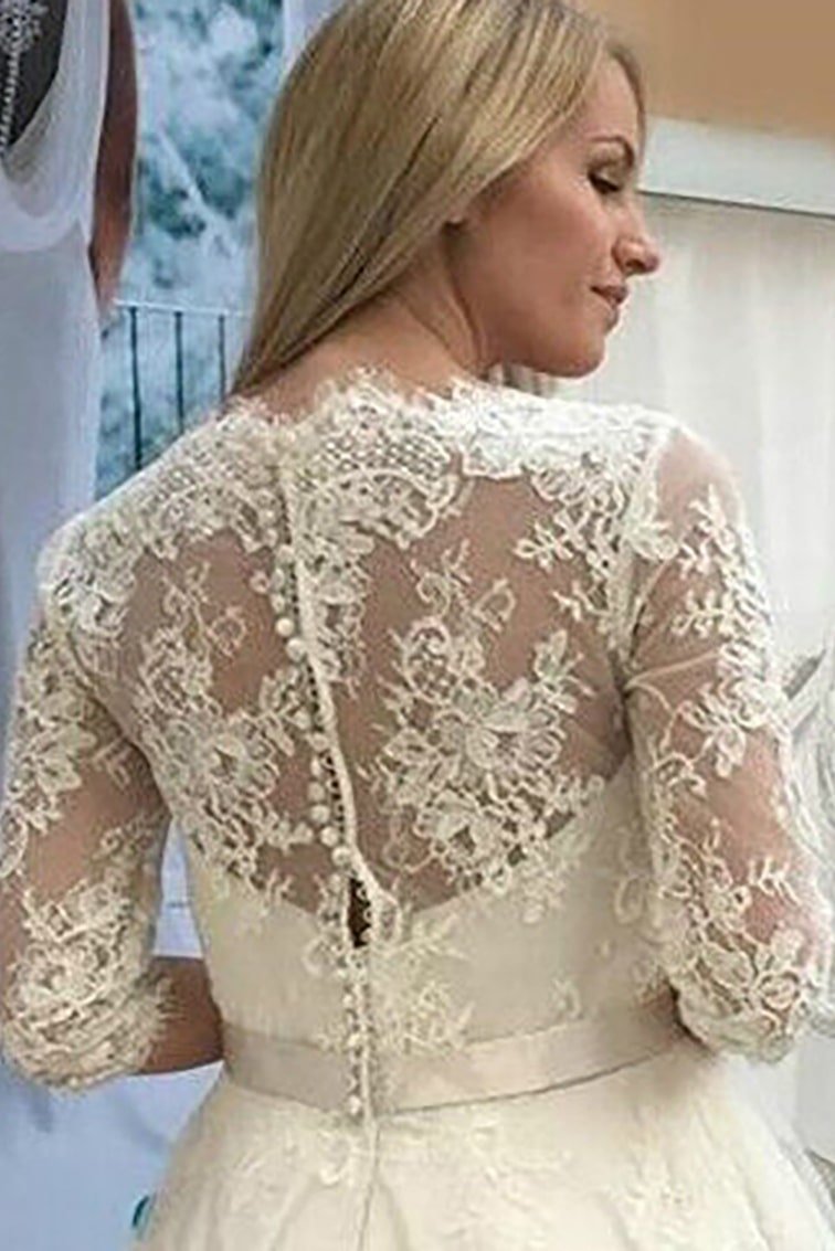 A-line V Neck 3/4 Sleeve Tulle Lace Tea-Length Wedding Dress With Waistband Flower-737