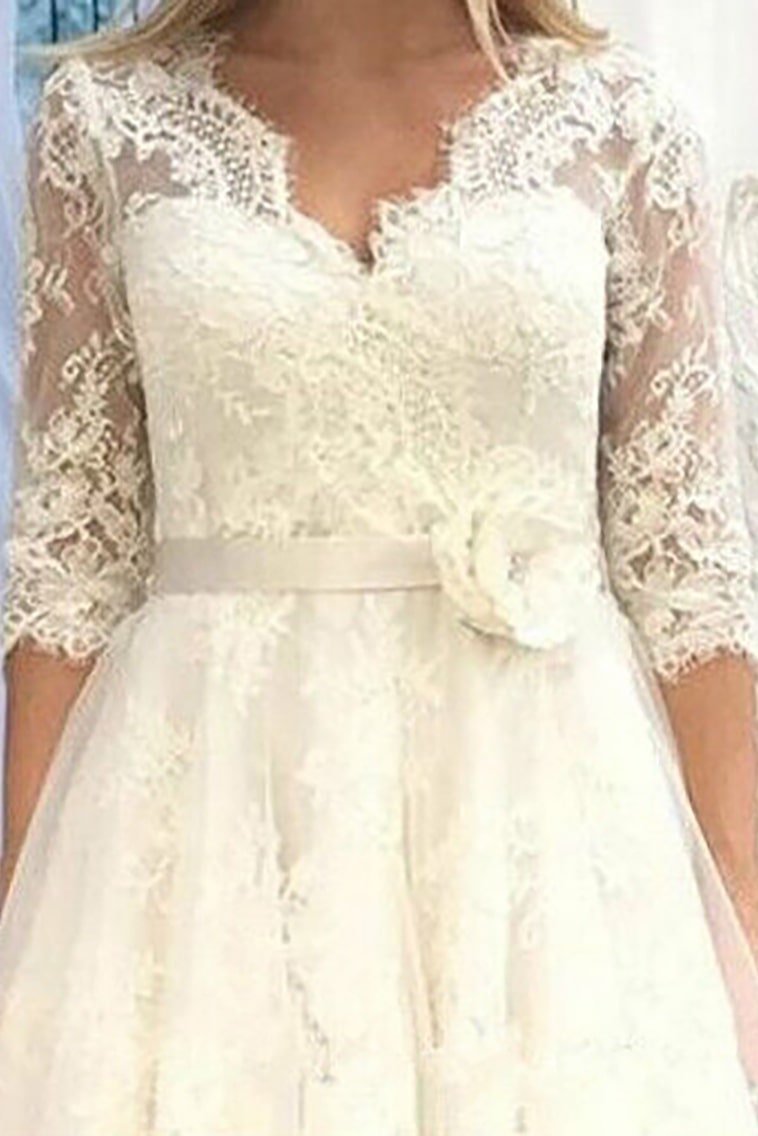 A-line V Neck 3/4 Sleeve Tulle Lace Tea-Length Wedding Dress With Waistband Flower-738