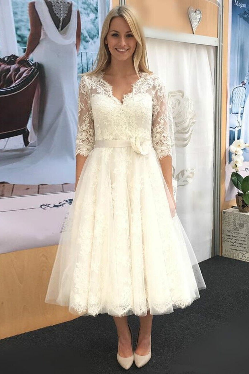 A-line V Neck 3/4 Sleeve Tulle Lace Tea-Length Wedding Dress With Waistband Flower-0