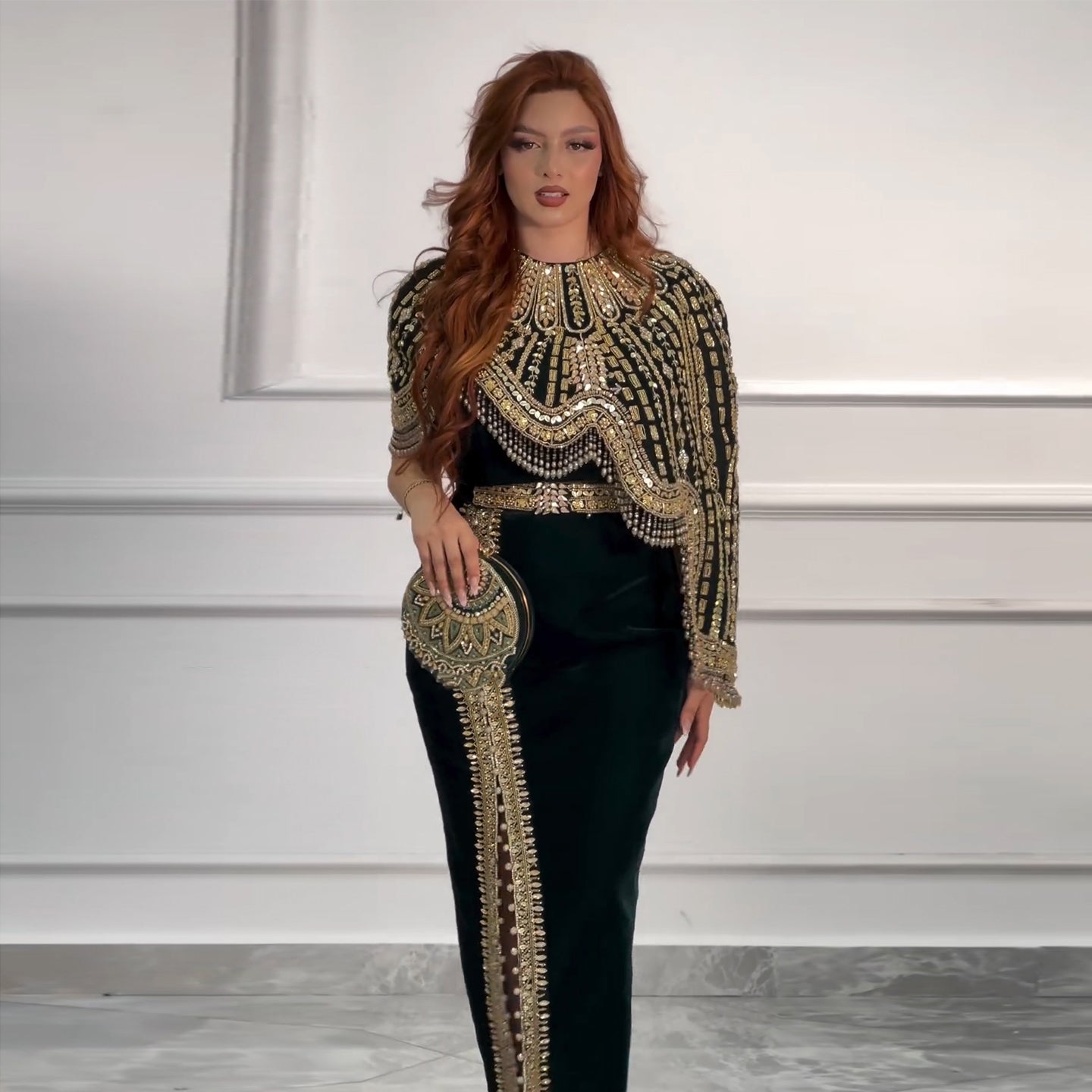 Luxury Black Two Pieces Evening Dress with Gold Beaded SS367