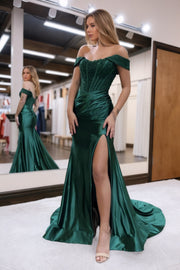 Trumpet/Mermaid Elastic Woven Satin Ruched Off-the-Shoulder Prom Dresses Sleeveless Long Green Evening Gowns-0