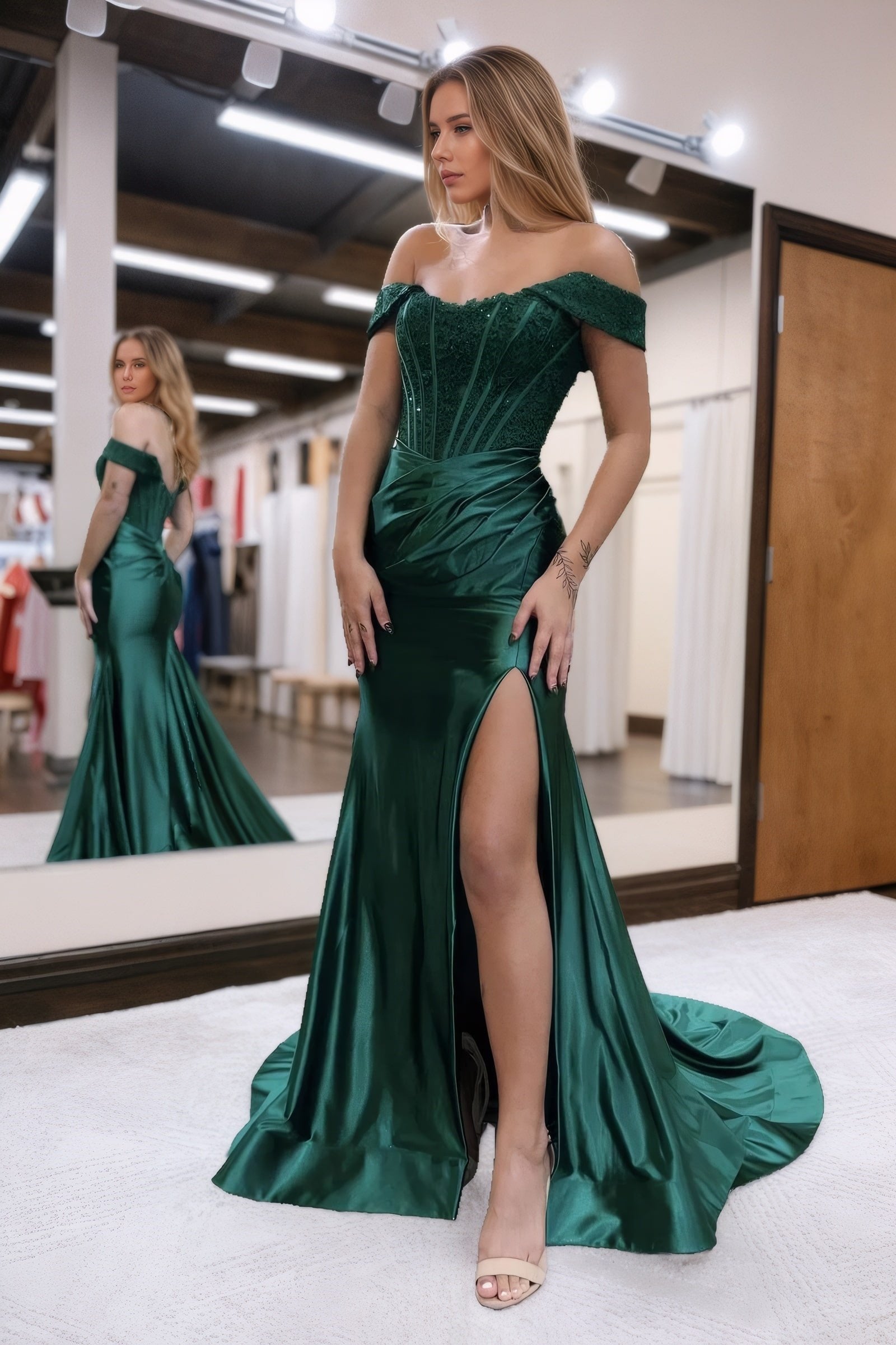 Trumpet/Mermaid Elastic Woven Satin Ruched Off-the-Shoulder Prom Dresses Sleeveless Long Green Evening Gowns-0