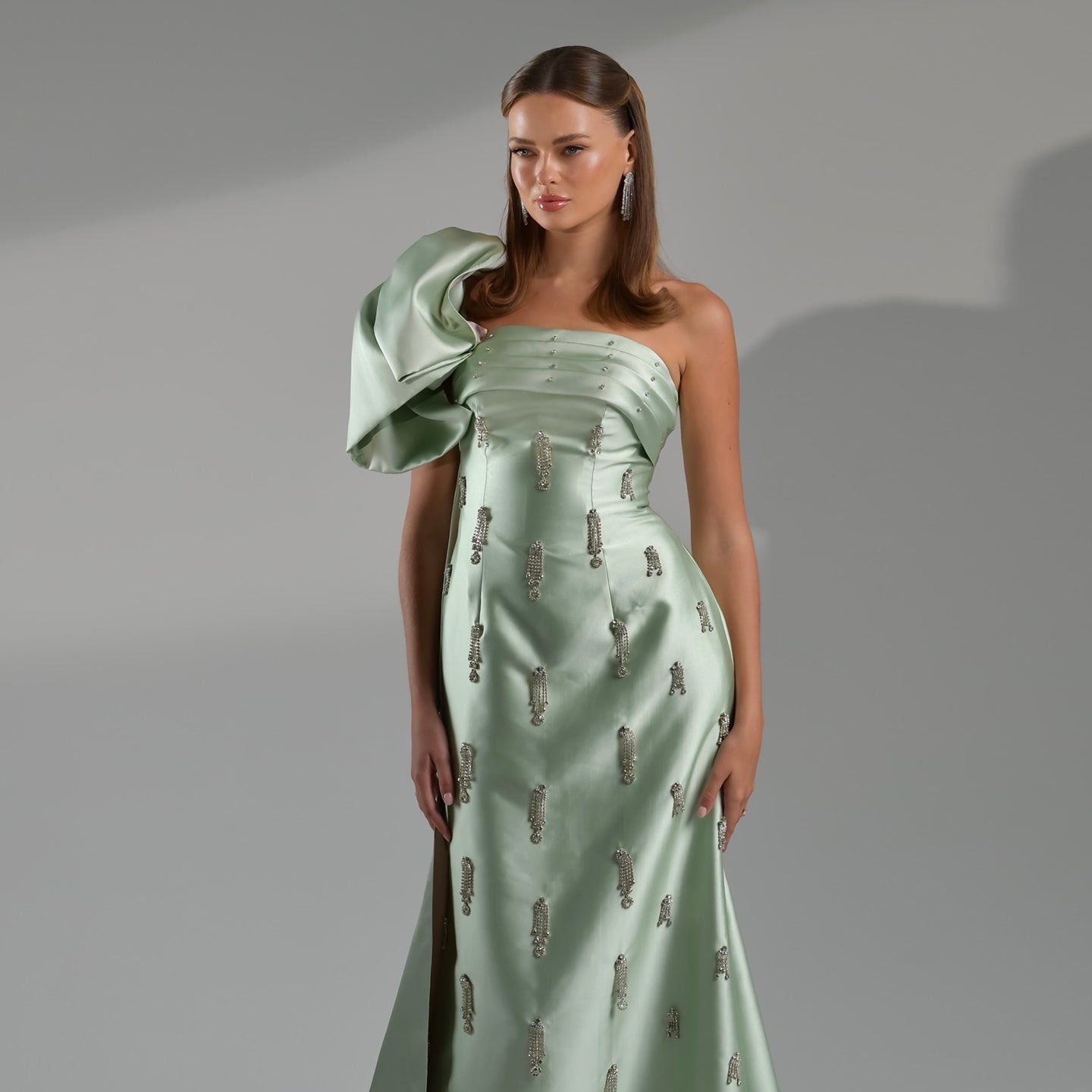 Sage Green One-Shoulder Tassel Evening Dress with Cape SS368