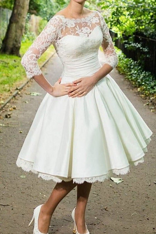 A-Line/Princess Stretch Crepe Lace Scoop 3/4 Sleeves Knee-Length Wedding Dresses-0