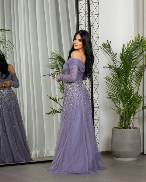 Elegant Black Beaded Tulle Off Shoulder Evening Dress SF333